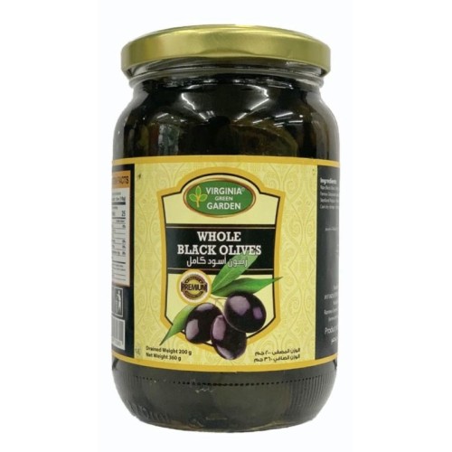 Virginia Green Garden Black Olives Whole Glass Jar 360 gr x 12
